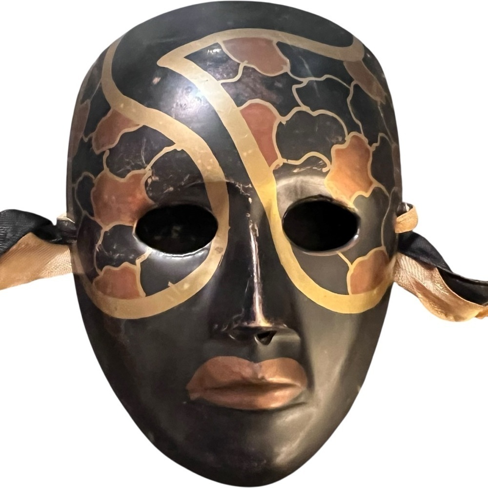 Vintage Brass Hand-Painted Masquerade Mardi Gras Theatre Mask Boho Wall Art Boho - Picture 6 of 10